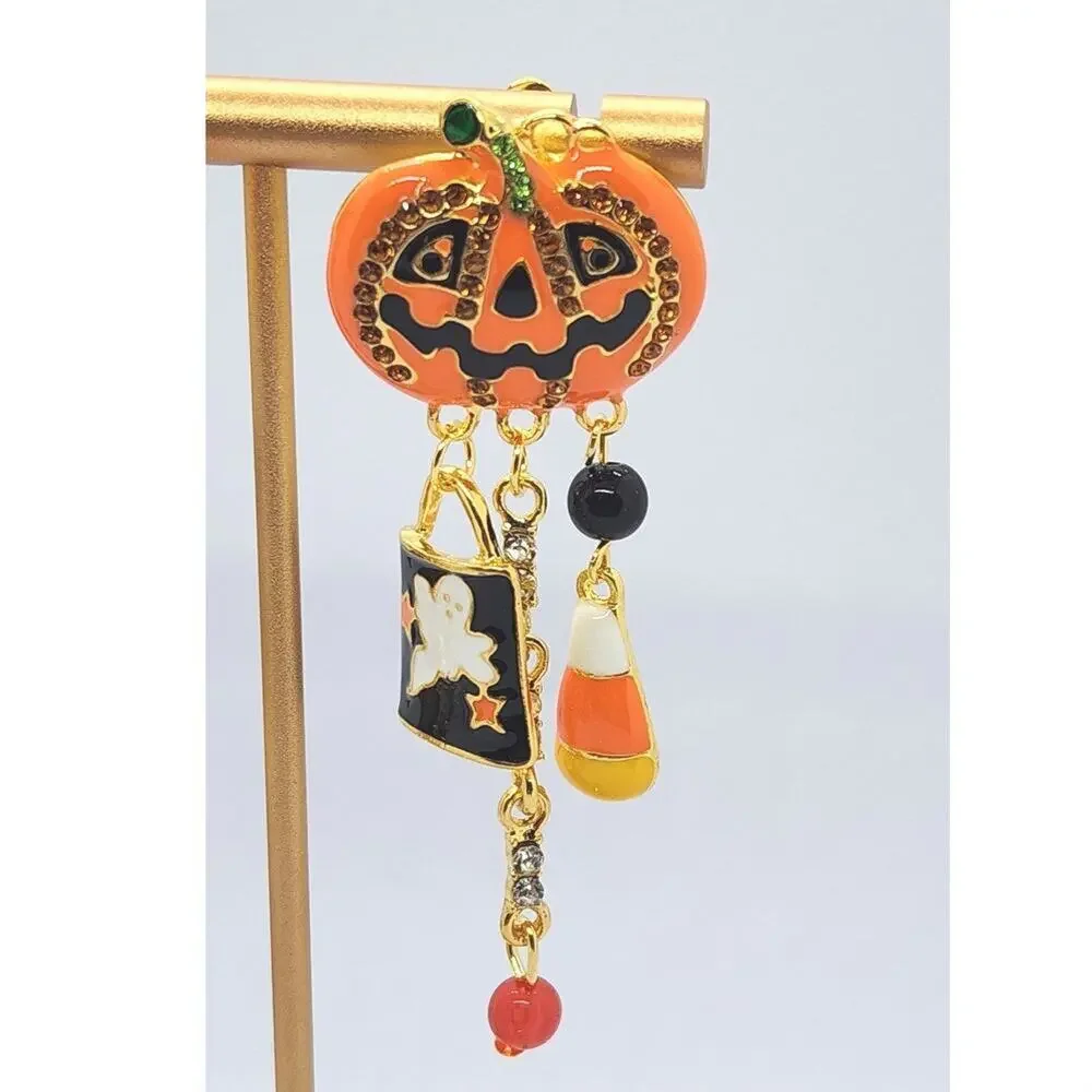 Halloween Jack 'o Lantern Tassel Earrings Colorful Enamel on God Tone Metal